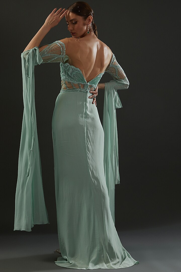 Sea Green Italian Tulle Hand Embroidered Corset Engagement Gown by Bhawna Rao at Pernia's Pop Up Shop