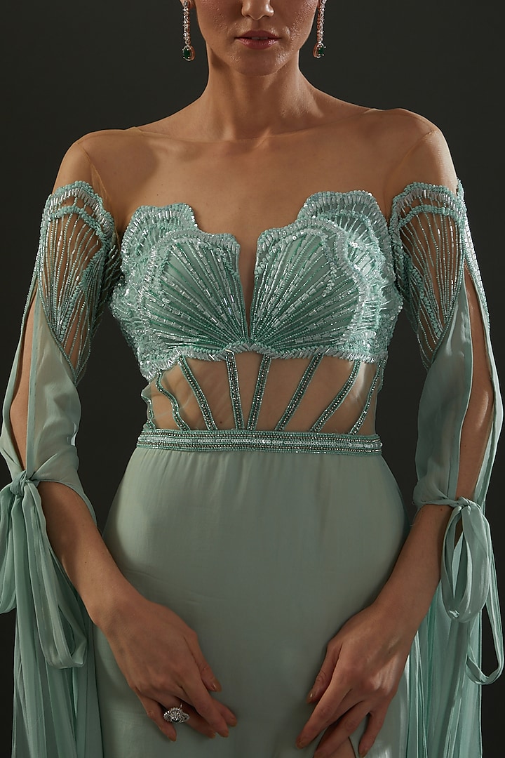 Sea Green Italian Tulle Hand Embroidered Corset Engagement Gown by Bhawna Rao at Pernia's Pop Up Shop