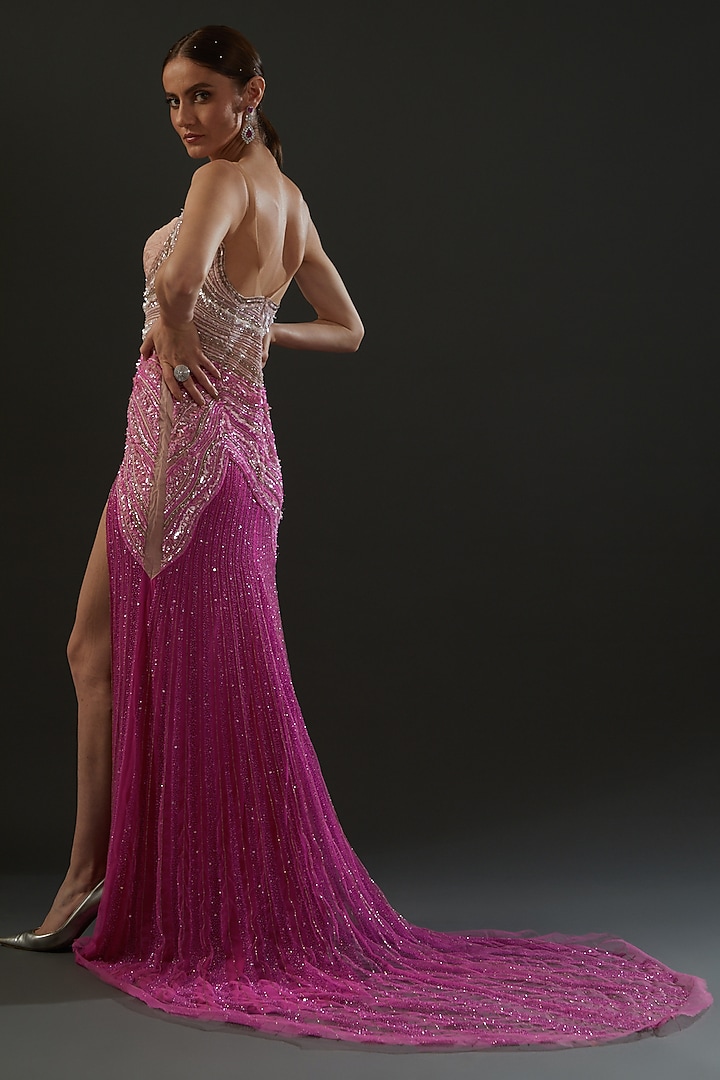 Fuchsia Hand Embroidered Wedding Gown by Bhawna Rao at Pernia's Pop Up Shop