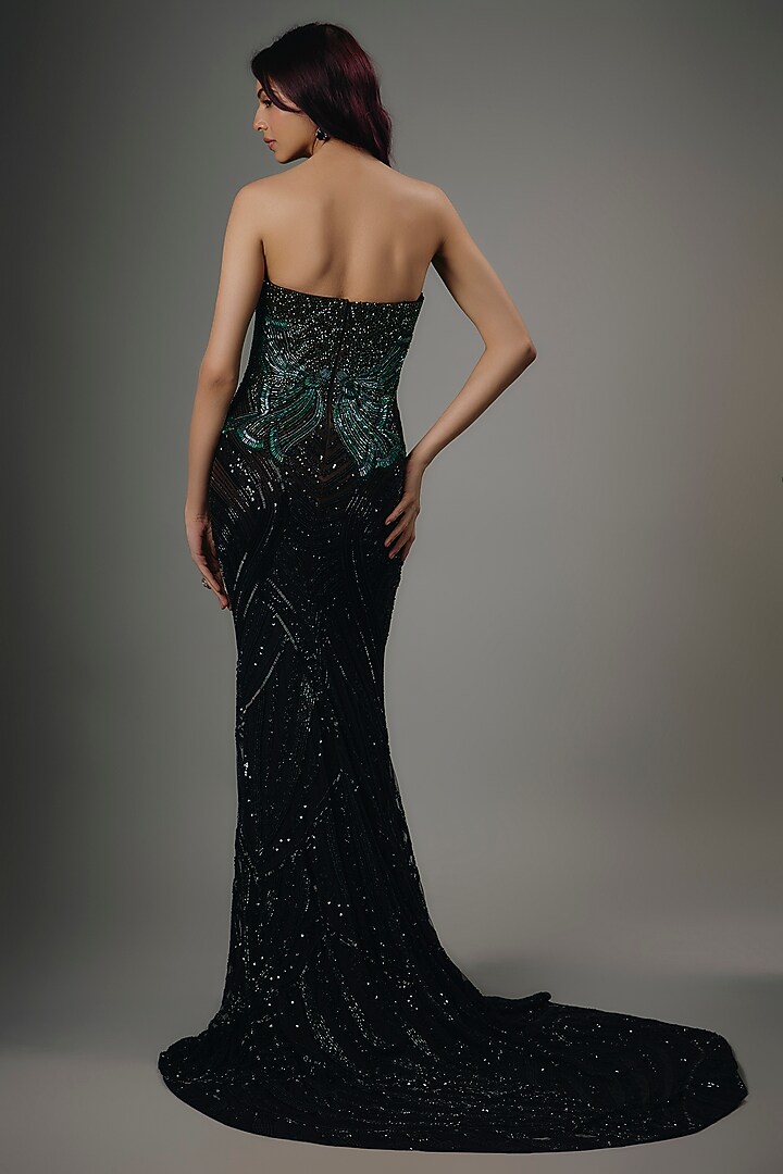 Teal Green & Black Italian Tulle Hand Embroidered Ombre Corset Wedding Gown by Bhawna Rao at Pernia's Pop Up Shop