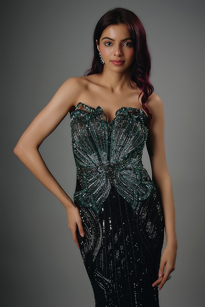 Teal Green & Black Italian Tulle Hand Embroidered Ombre Corset Gown by  Bhawna Rao at Pernia's Pop Up Shop 2026