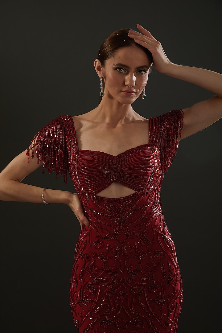 Red Hand Embroidered Bridal Gown by Bhawna Rao at Pernia's Pop Up Shop