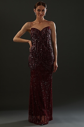 Burgundy Hand Embroidered Gown by Bhawna Rao