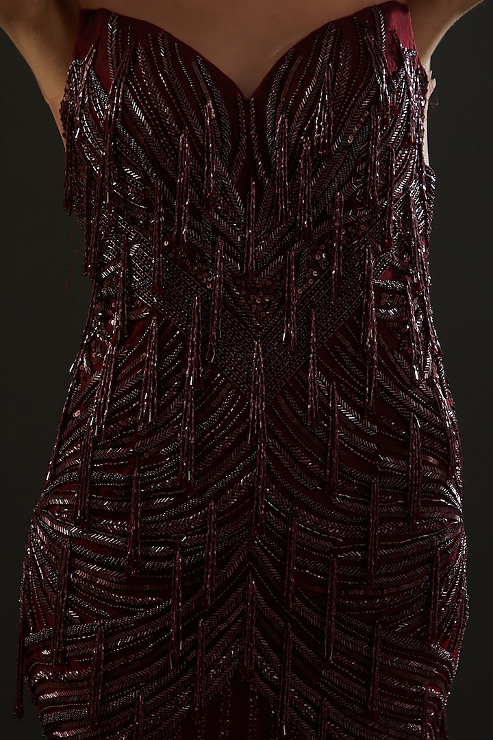 Burgundy Hand Embroidered Wedding Gown by Bhawna Rao at Pernia's Pop Up Shop