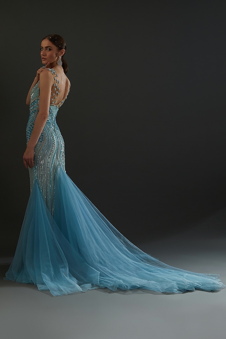 Blue & Silver Hand Embroidered Wedding Gown by Bhawna Rao at Pernia's Pop Up Shop