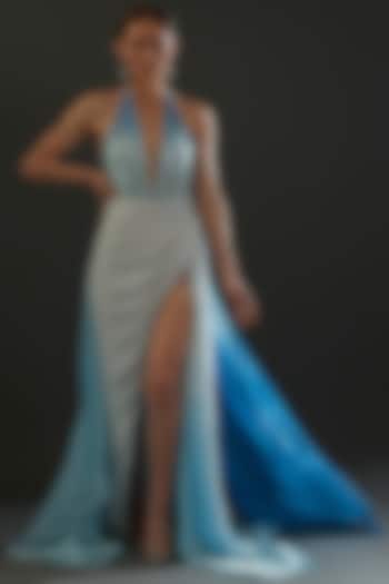 Blue Hand Embroidered Draped Gown by Bhawna Rao