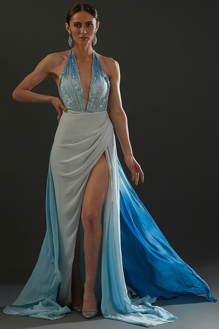 Blue Hand Embroidered Draped Gown by Bhawna Rao