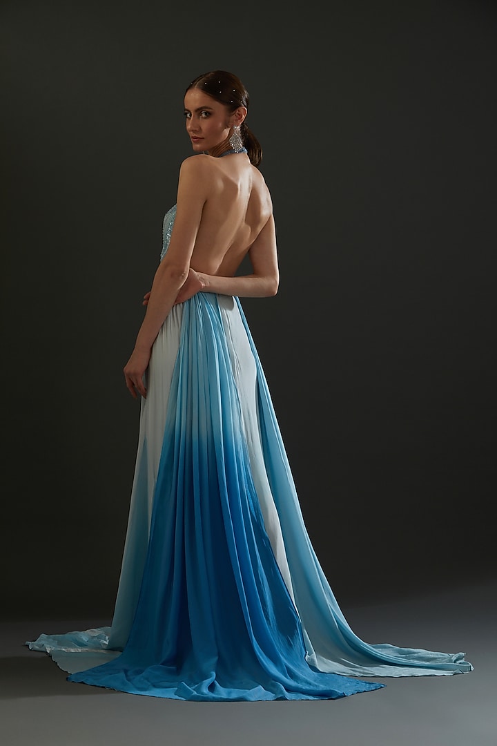 Blue Hand Embroidered Draped Engagement Gown by Bhawna Rao at Pernia's Pop Up Shop