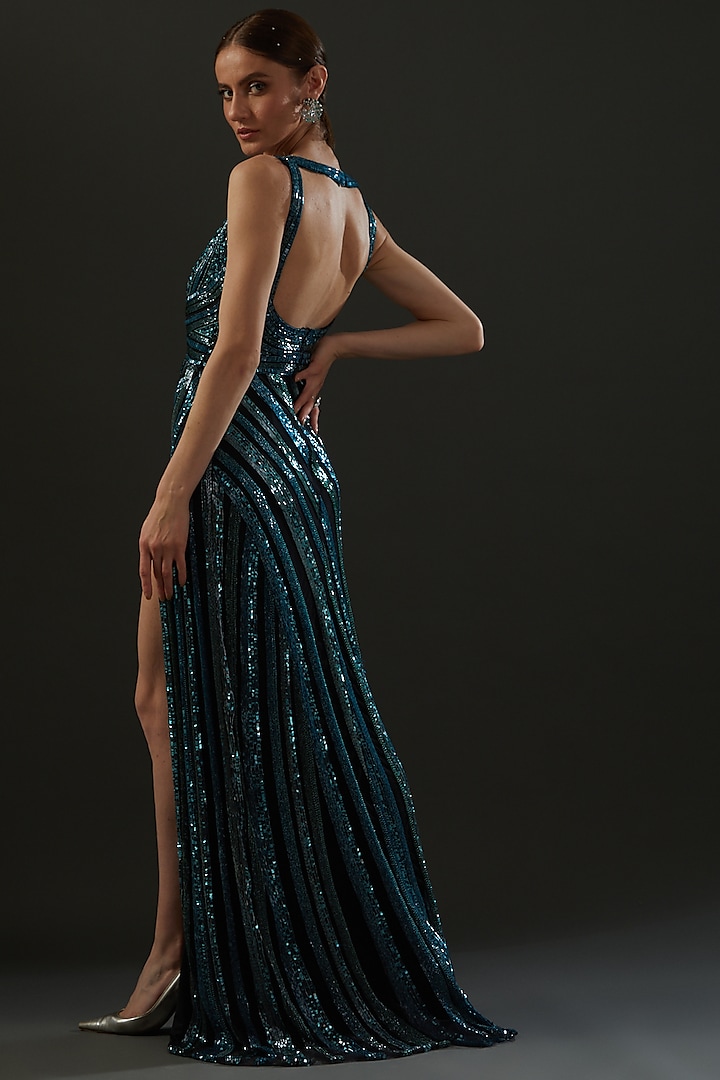 Turquoise Hand Embroidered Wedding Gown by Bhawna Rao at Pernia's Pop Up Shop