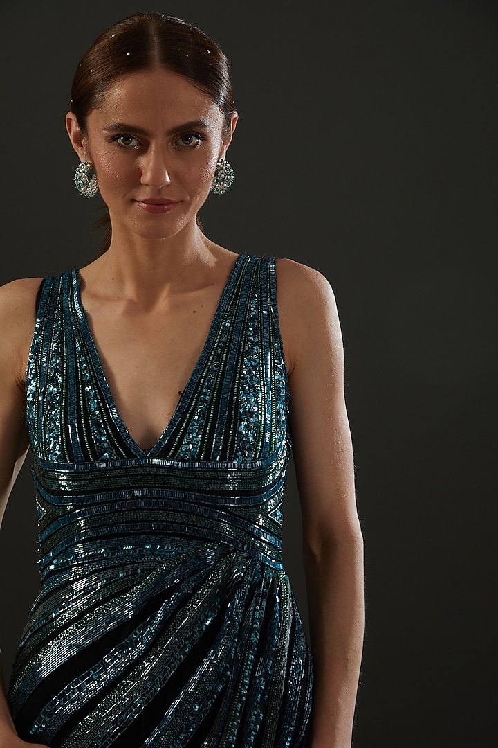 Turquoise Hand Embroidered Wedding Gown by Bhawna Rao at Pernia's Pop Up Shop