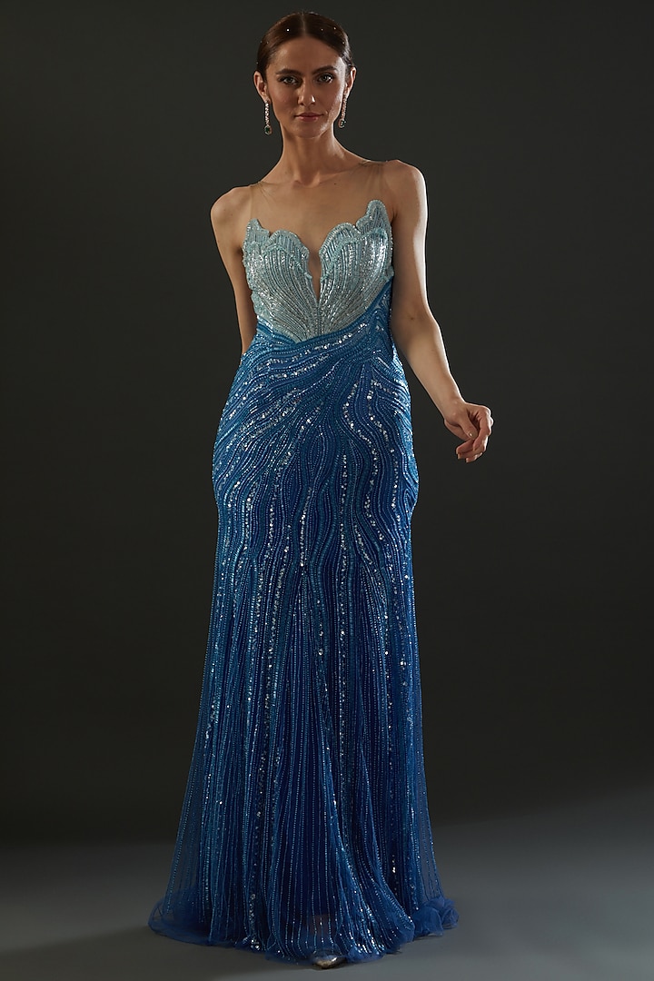 Blue Sequin Hand Embroidered Wedding Gown by Bhawna Rao at Pernia's Pop Up Shop