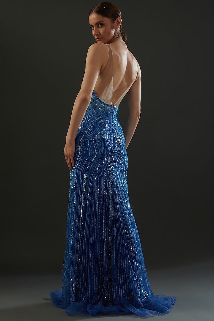 Blue Sequin Hand Embroidered Wedding Gown by Bhawna Rao at Pernia's Pop Up Shop