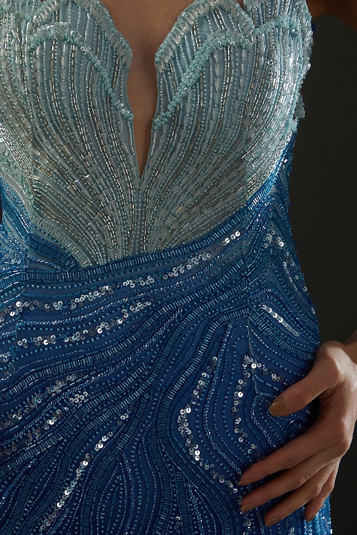 Blue Sequin Hand Embroidered Wedding Gown by Bhawna Rao at Pernia's Pop Up Shop
