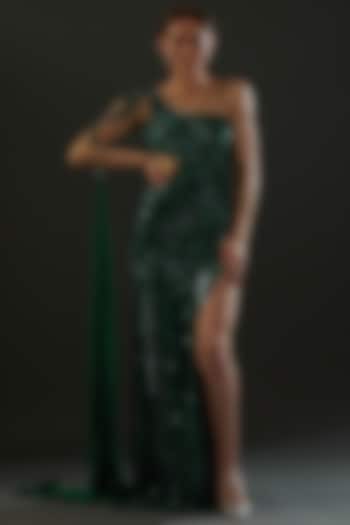 Green Hand Embroidered One-Shoulder Gown by Bhawna Rao