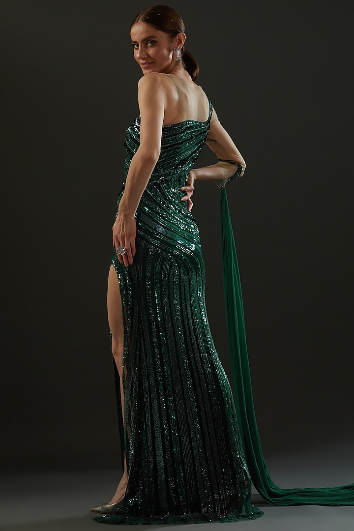 Green Hand Embroidered One-Shoulder Wedding Gown by Bhawna Rao at Pernia's Pop Up Shop