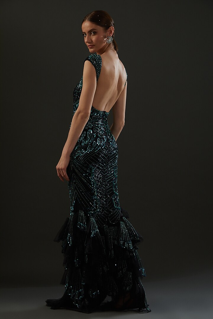 Teal Green Hand Embroidered Bridal Gown by Bhawna Rao at Pernia's Pop Up Shop
