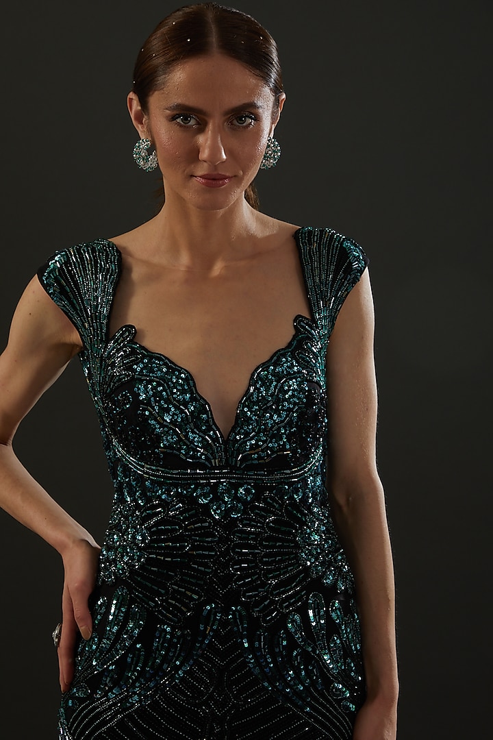 Teal Green Hand Embroidered Bridal Gown by Bhawna Rao at Pernia's Pop Up Shop