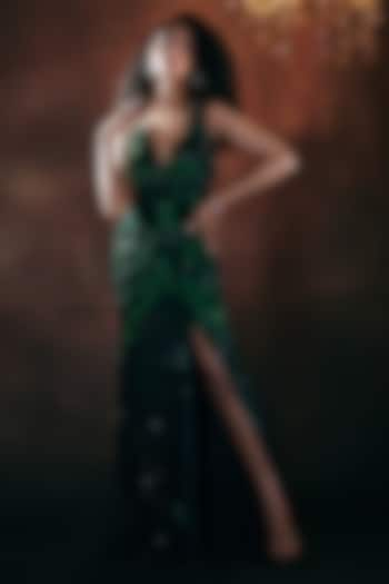 Emerald Green Italian Tulle Crystal Hand Embroidered Gown by Bhawna Rao at Pernia's Pop Up Shop