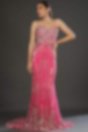 Pink Italian Tulle Hand Embroidered Gown by Bhawna Rao