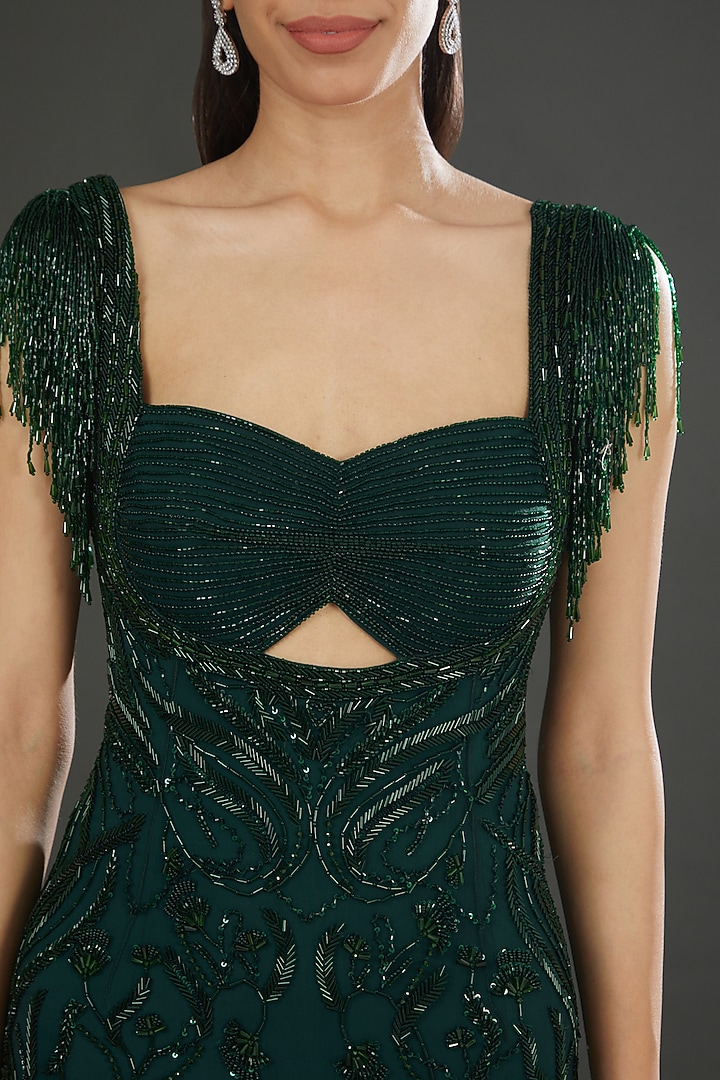 Emerald Green Italian Tulle Hand Embroidered Bridal Gown by Bhawna Rao at Pernia's Pop Up Shop