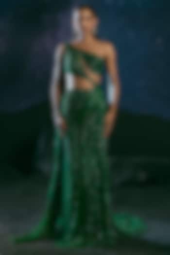 Green Italian Tulle Glass Crystal Embroidered Bridal Gown by Bhawna Rao at Pernia's Pop Up Shop