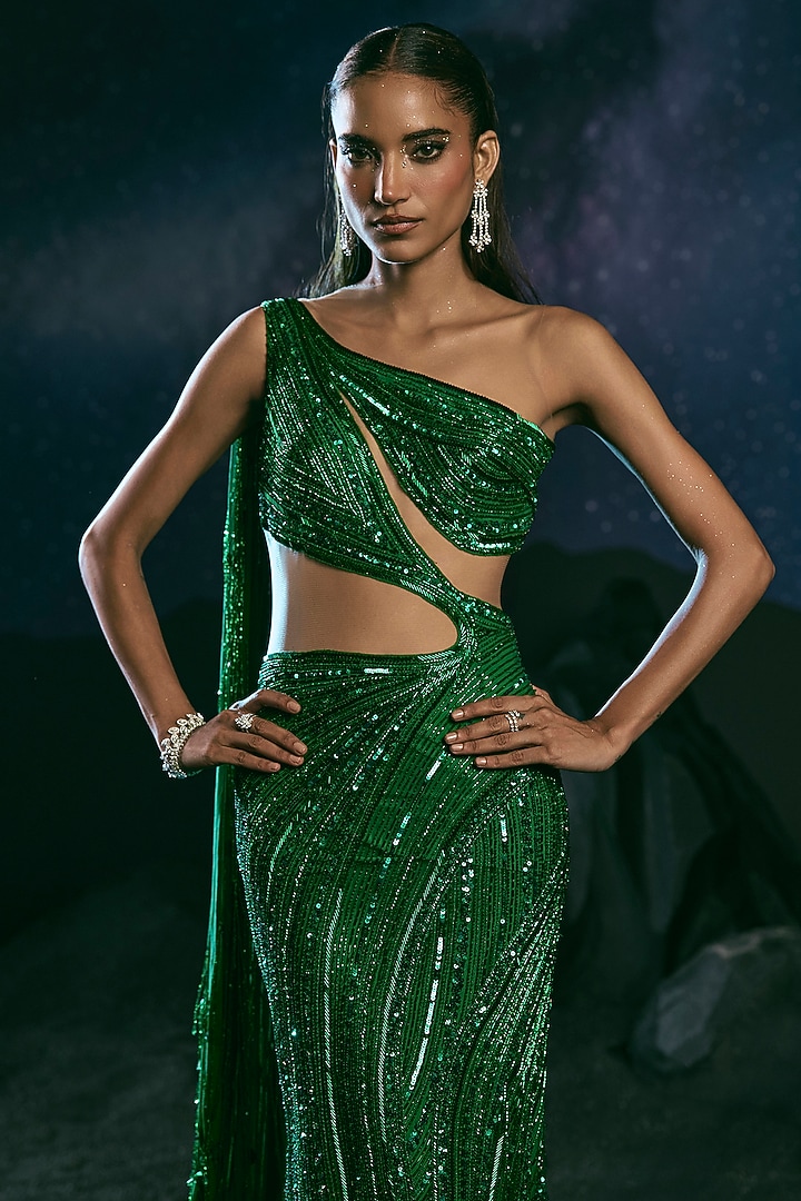Green Italian Tulle Glass Crystal Embroidered Bridal Gown by Bhawna Rao at Pernia's Pop Up Shop