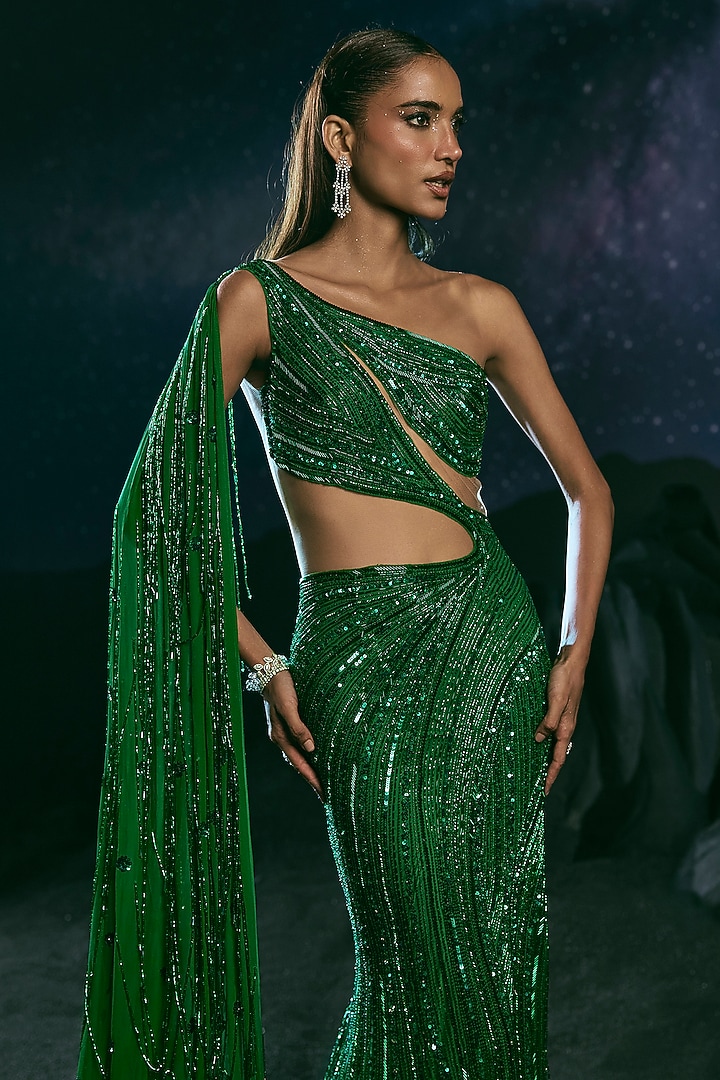 Green Italian Tulle Glass Crystal Embroidered Bridal Gown by Bhawna Rao at Pernia's Pop Up Shop