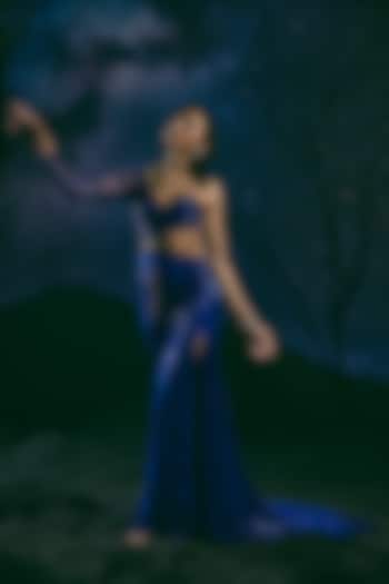 Electric Blue Italian Tulle Embroidered One-Shoulder Bridal Gown by Bhawna Rao at Pernia's Pop Up Shop