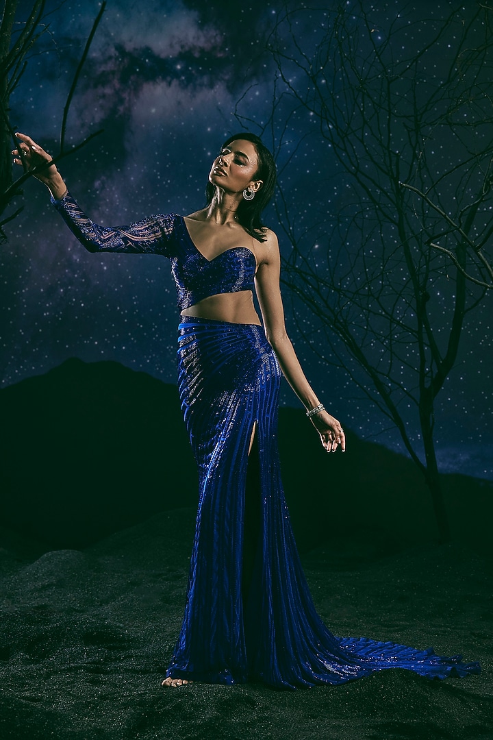 Electric Blue Italian Tulle Embroidered One-Shoulder Bridal Gown by Bhawna Rao at Pernia's Pop Up Shop