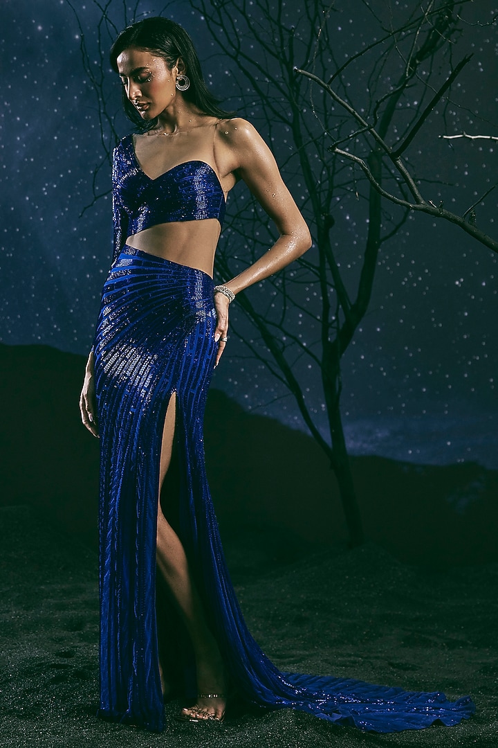 Electric Blue Italian Tulle Embroidered One-Shoulder Bridal Gown by Bhawna Rao at Pernia's Pop Up Shop