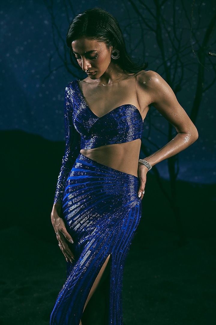 Electric Blue Italian Tulle Embroidered One-Shoulder Bridal Gown by Bhawna Rao at Pernia's Pop Up Shop