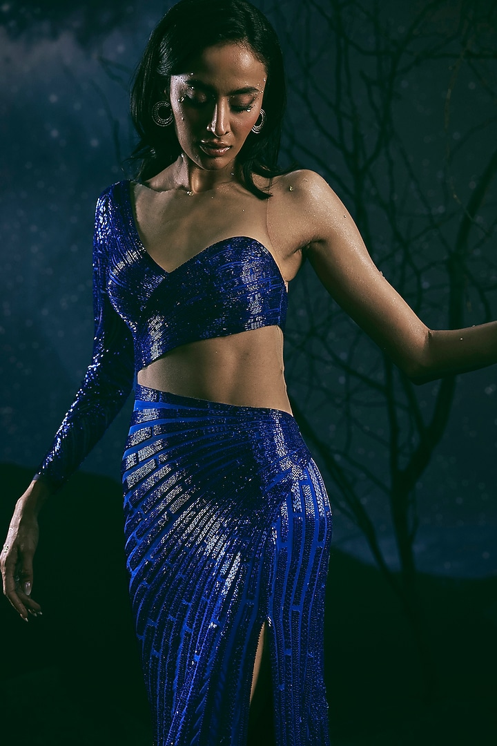Electric Blue Italian Tulle Embroidered One-Shoulder Bridal Gown by Bhawna Rao at Pernia's Pop Up Shop
