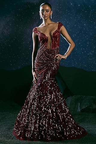 Red & Burgundy Italian Tulle Embellished Gown by Bhawna Rao