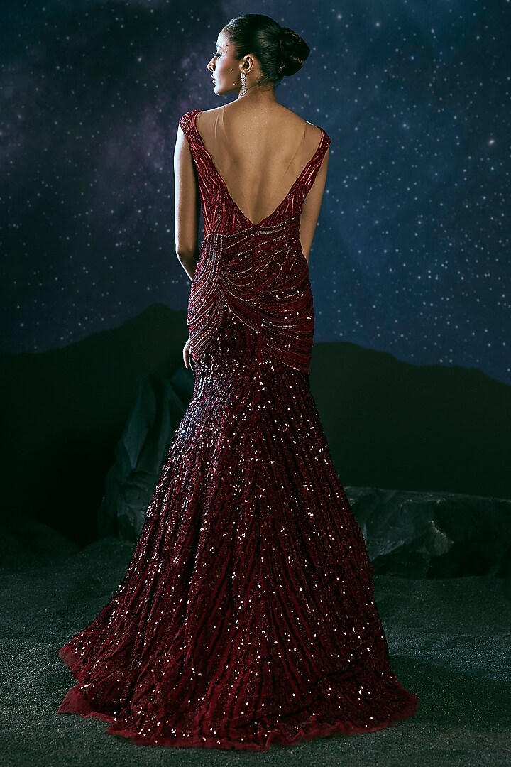 Red & Burgundy Italian Tulle Embellished Bridal Gown by Bhawna Rao at Pernia's Pop Up Shop