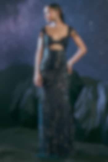 Blue & Black Italian Tulle Swarovski Embroidered Wedding Gown by Bhawna Rao at Pernia's Pop Up Shop