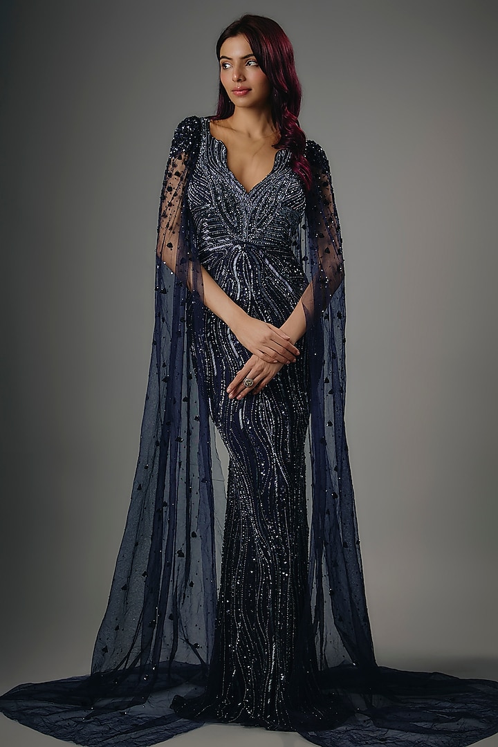 Navy Blue Italian Tulle Beads & Crystal Hand Embroidered Sheath Gown by Bhawna Rao