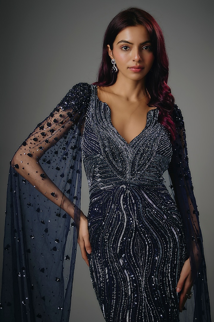 Navy Blue Italian Tulle Beads & Crystal Hand Embroidered Sheath Bridal Gown by Bhawna Rao at Pernia's Pop Up Shop