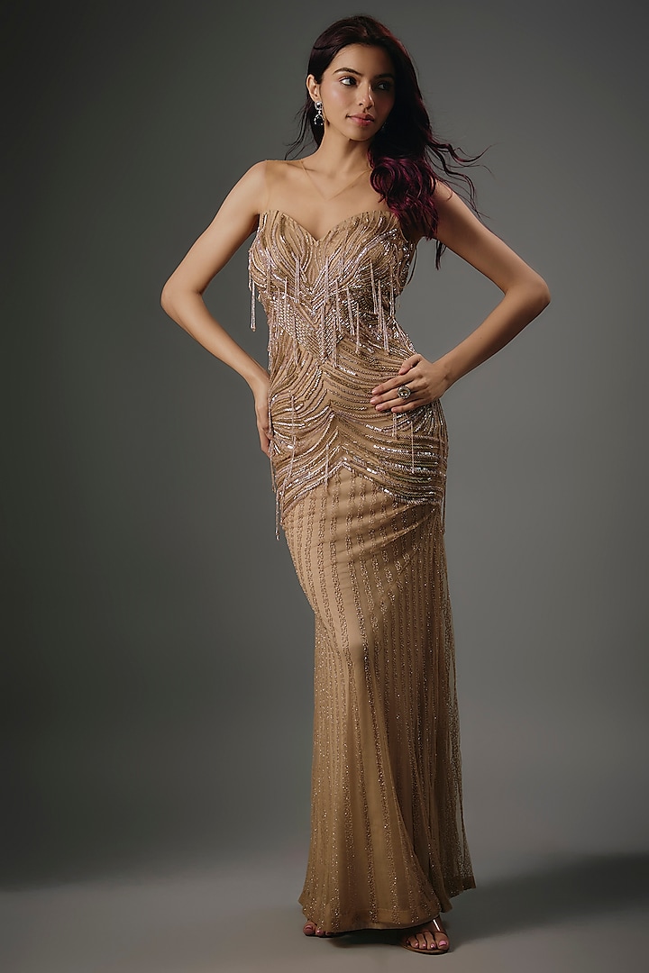 Champagne Gold Italian Tulle Tassel Hanging & Crystal Hand Embroidered Gown by Bhawna Rao