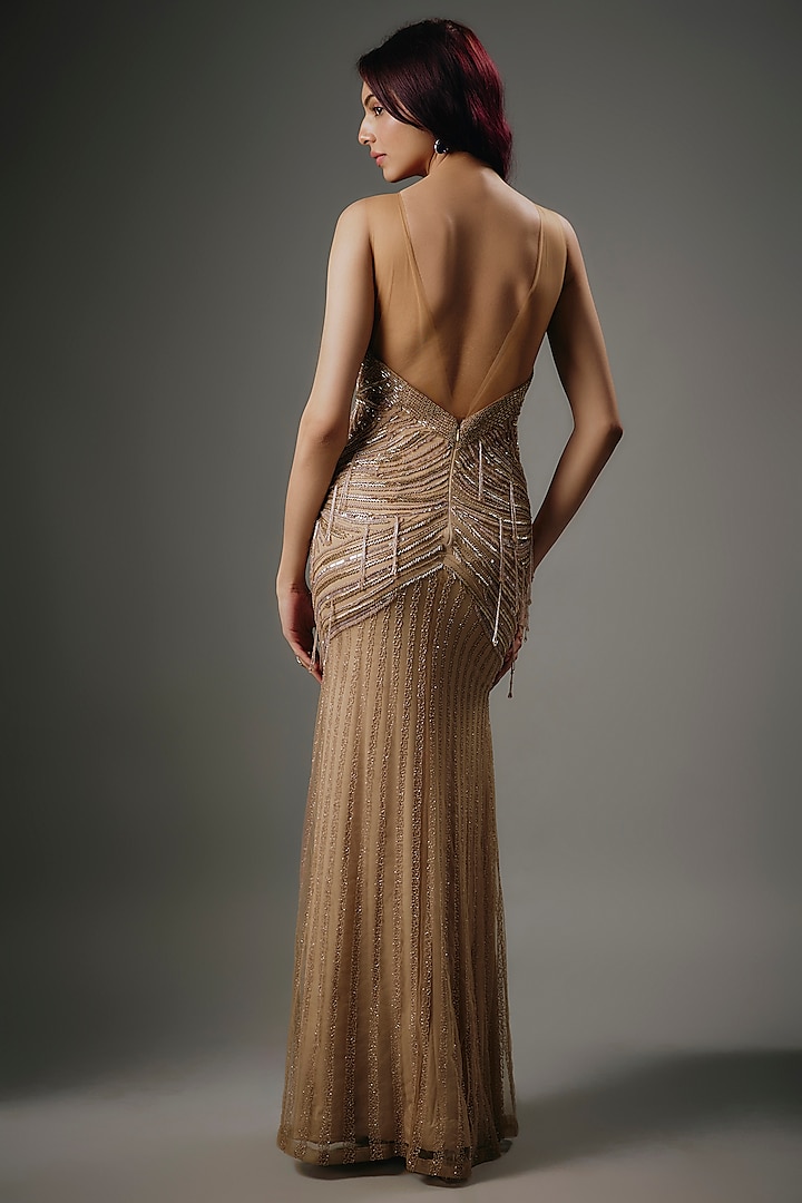 Champagne Gold Italian Tulle Tassel Hanging & Crystal Hand Embroidered Wedding Gown by Bhawna Rao at Pernia's Pop Up Shop