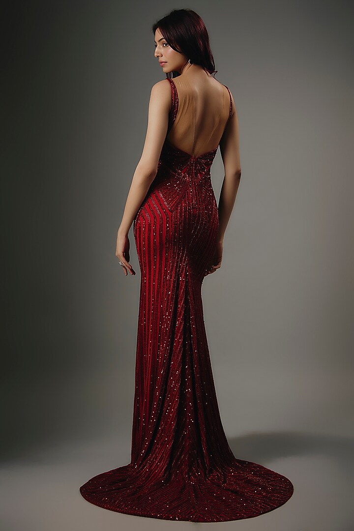 Red Italian Tulle Bead & Crystal Hand Embroidered Sheath Bridal Gown by Bhawna Rao at Pernia's Pop Up Shop