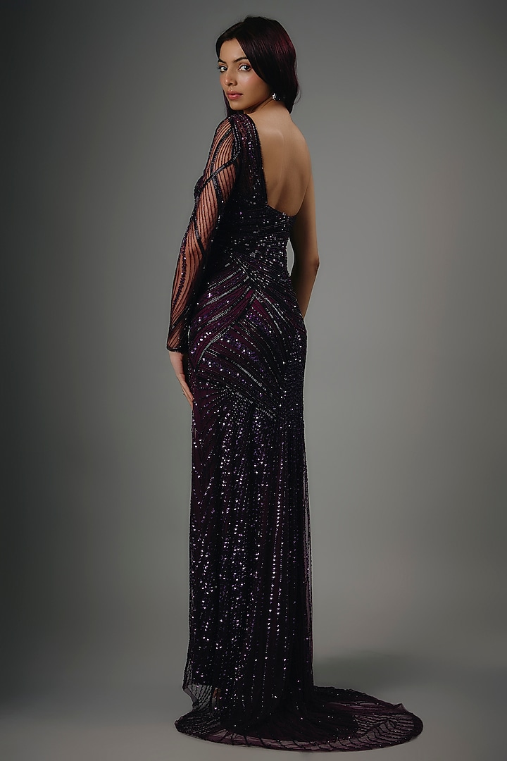 Aubergine Italian Tulle Beads & Crystal Hand Embroidered One-Shoulder Wedding Gown by Bhawna Rao at Pernia's Pop Up Shop
