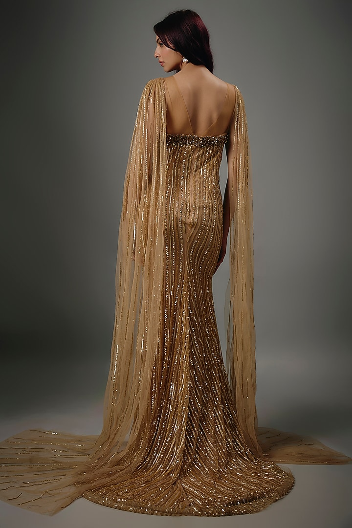 Gold Italian Tulle Bead & Crystal Hand Embroidered Bridal Gown by Bhawna Rao at Pernia's Pop Up Shop