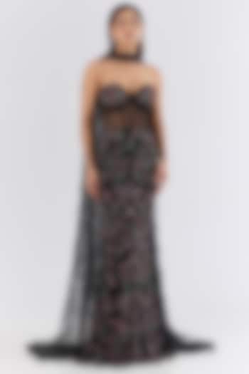 Black Italian Tulle Crystal Hand Embroidered Bridal Gown With Drape by Bhawna Rao at Pernia's Pop Up Shop