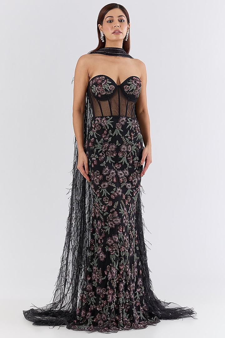 Black Italian Tulle Crystal Hand Embroidered Bridal Gown With Drape by Bhawna Rao at Pernia's Pop Up Shop