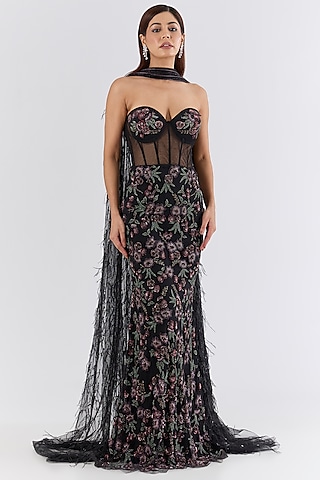 Black Italian Tulle Crystal Hand Embroidered Gown With Drape by Bhawna Rao