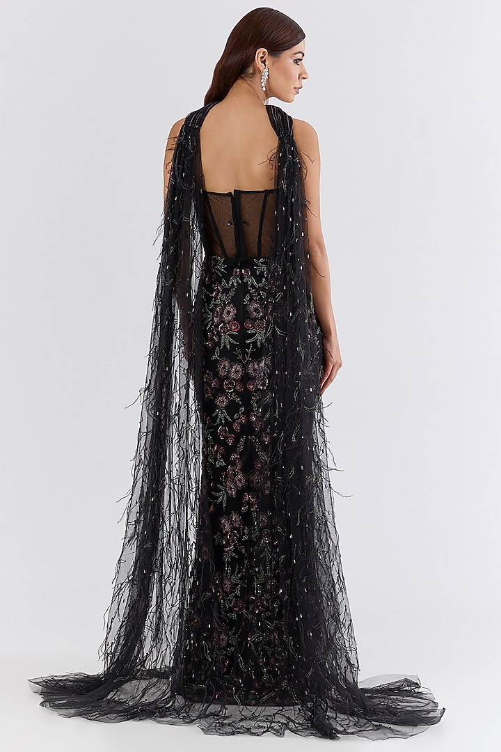 Black Italian Tulle Crystal Hand Embroidered Bridal Gown With Drape by Bhawna Rao at Pernia's Pop Up Shop