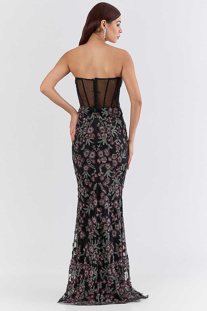 Black Italian Tulle Crystal Hand Embroidered Bridal Gown With Drape by Bhawna Rao at Pernia's Pop Up Shop