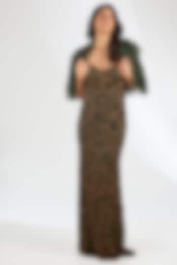 Bottle Green Italian Tulle Crystal Hand Embellished Bridal Gown With Cape by Bhawna Rao at Pernia's Pop Up Shop