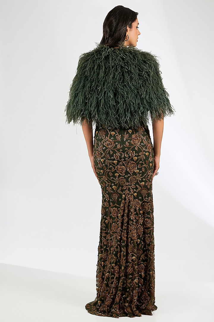 Bottle Green Italian Tulle Crystal Hand Embellished Bridal Gown With Cape by Bhawna Rao at Pernia's Pop Up Shop