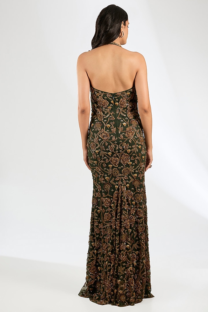 Bottle Green Italian Tulle Crystal Hand Embellished Bridal Gown With Cape by Bhawna Rao at Pernia's Pop Up Shop